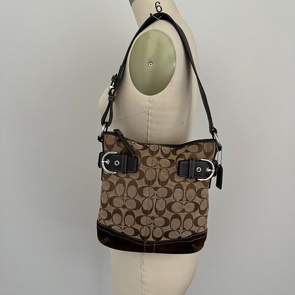 Vintage Coach Brown Signature Suede/Jacquard Shoulder Bag Boho Chic Hobo Purse - Picture 1 of 13